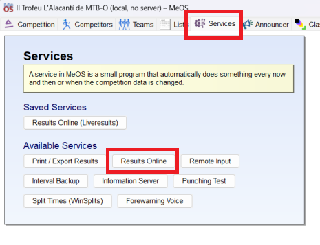 Menu to activate a service to export results in MeOS