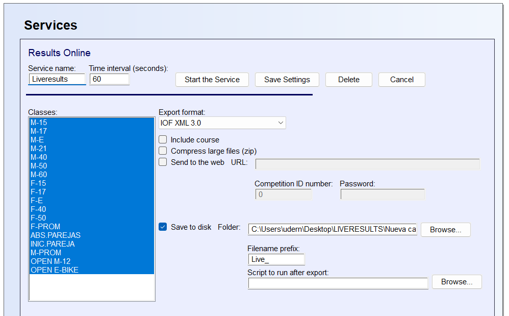 Standard options of Results Online service to work with O-Replay in MeOS