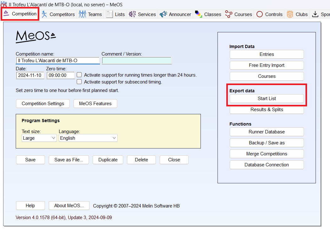 Menu to export start list in MeOS