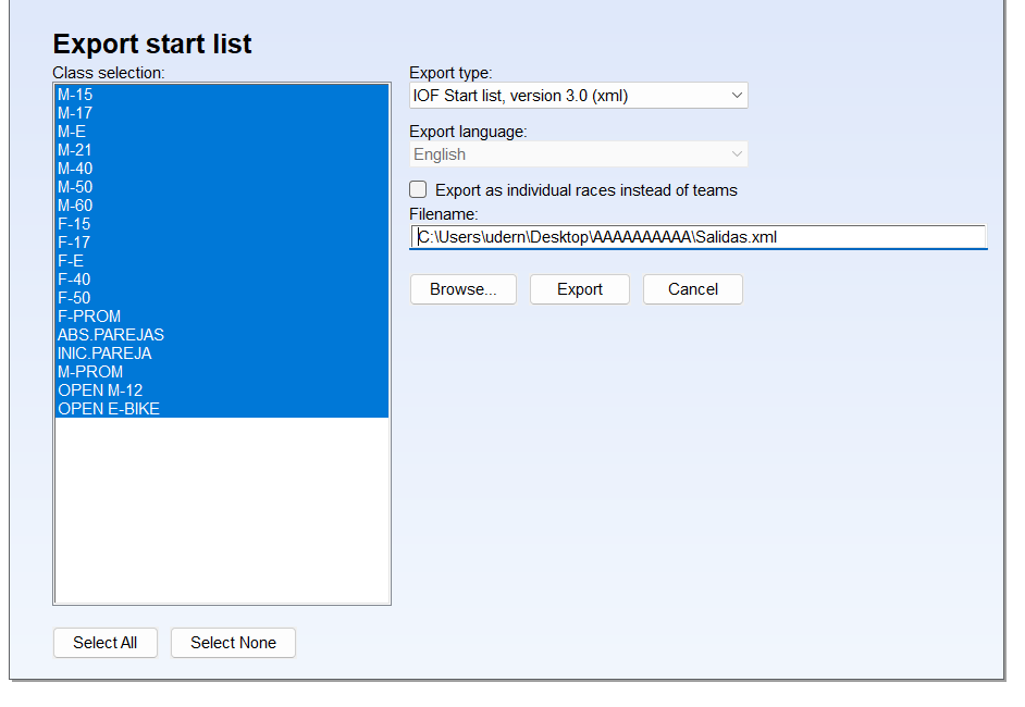 Menu to choose classes to export and set IOF XML format